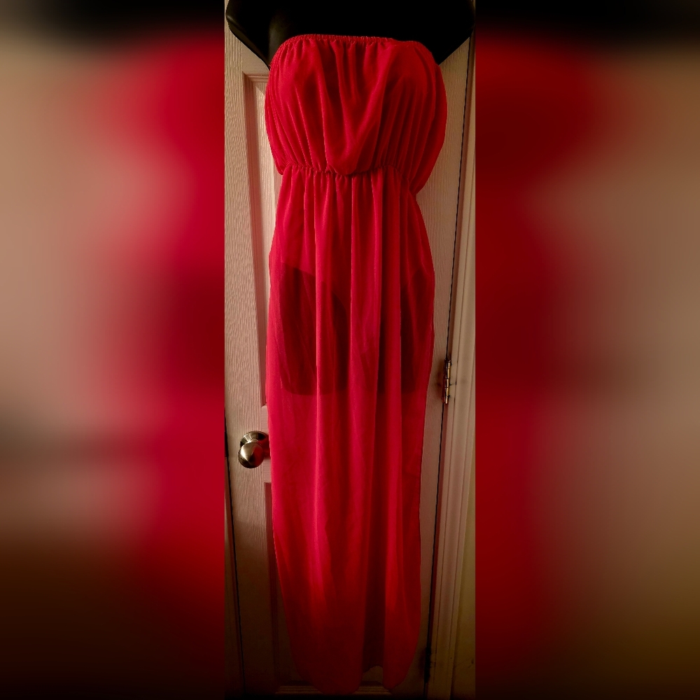 Sheer Fuschia Strapless Maxi Dress